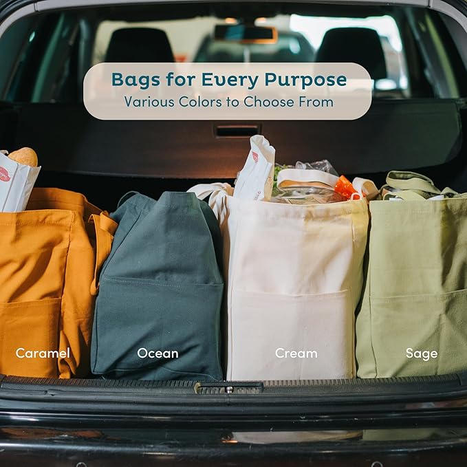 Heavy Duty Reusable Grocery Bags - 100% Cotton 12Oz Canvas Grocery Bags with Handles, Large Kitchen Grocery Bags, Reusable Shopping Bags for Groceries, Grocery Tote Bag, Foldable Market Bag (Mocha)