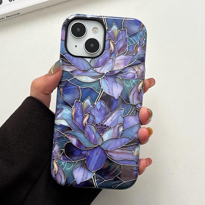 QLTYPRI Flower Case for iPhone 13/14, Aesthetic Cute Floral Phone Case for Girls Women, Protective Hybrid 2-Layer Hard Shell Silicone Cover Durable Shockproof Phone Cover - Purple Lotus