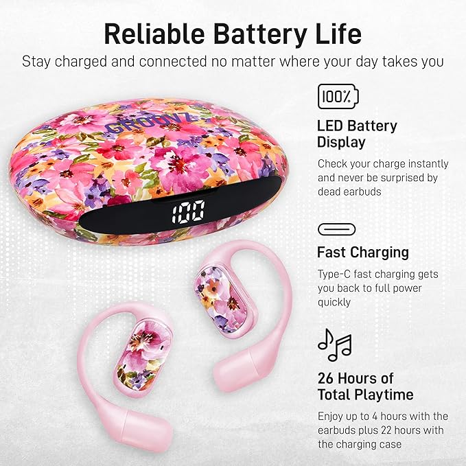 Groovz Open-Ear True Wireless Headphones with Smart Battery Display - Designed and Engineered in The USA - IPX5-Rated Bluetooth Open Ear Earbuds Compatible with Apple & Android - Floral