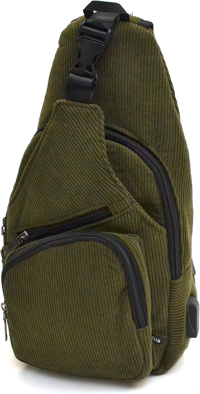 Anti-Theft Daypack Crossbody Sling Backpack, USB Charging, Lightweight Day Pack for Travel, Hiking, Everyday, Regular, Olive Corduroy
