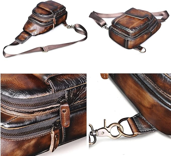 Le'aokuu Men Outdoor Casual Travel Hiking Tea Crossbody Chest Sling Bag Rig One Shoulder Strap Bag Backpack Men Leather