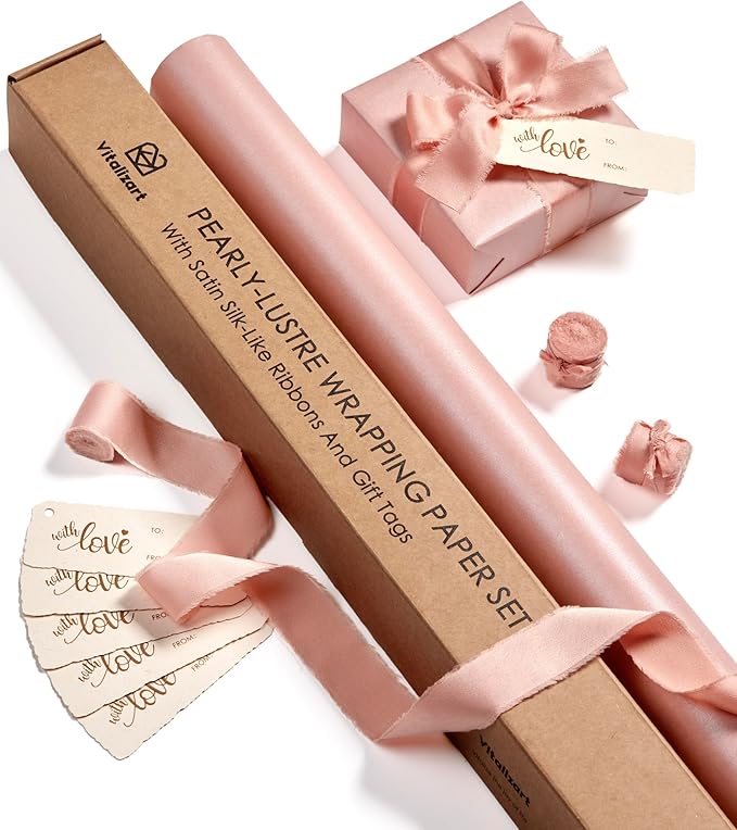 Vitalizart Pink Wrapping Paper Set 30" Pearly-Lustre With Silk Like Satin Ribbon & Gift Tags Recyclable Eco-Friendly Christmas Gift Wrapping Birthday Baby Shower Wedding Handmade Crafts 197"(16.4 Ft)