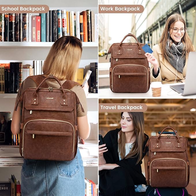 LOVEVOOK Leather Laptop Backpack for Women 18 inch,Travel Backpack Purse Nurse Teacher Computer Bag,Professional College Business Work Bags Carry On with USB Port,Red Brown