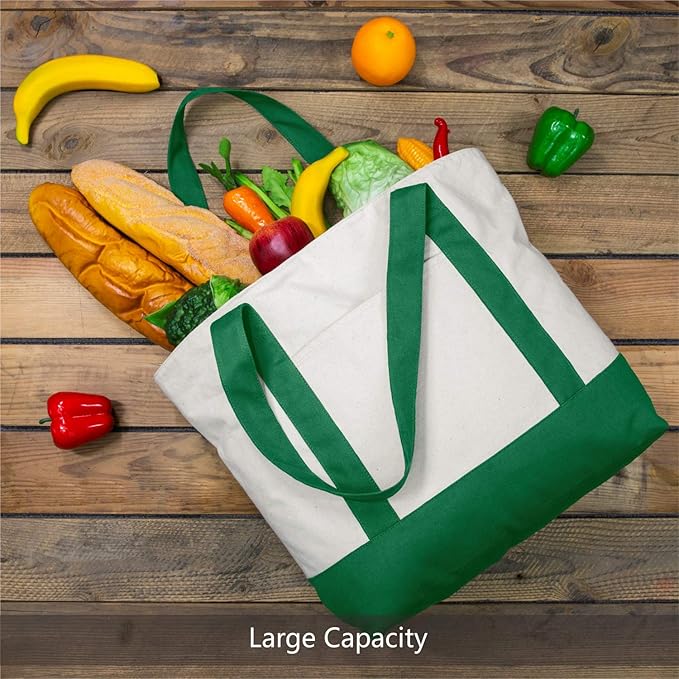 TOPDesign 6-Pack Canvas Tote Bags with an External Pocket, Reusable Grocery Shopping Bags, Top Zipper Closure, Daily Essentials (Green/Natural)