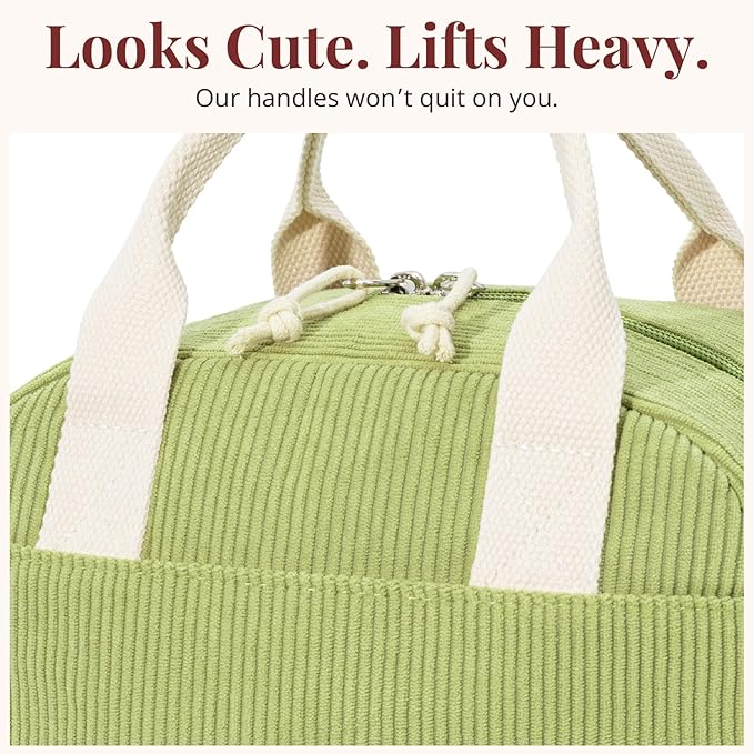 Insulated Lunch Bag for Women Men, Stylish Corduroy Tote Bag with Aluminum Lining, Large Capacity Reusable Cooler for Work, Travel, or Beach, Guacamole Green Lunch Box
