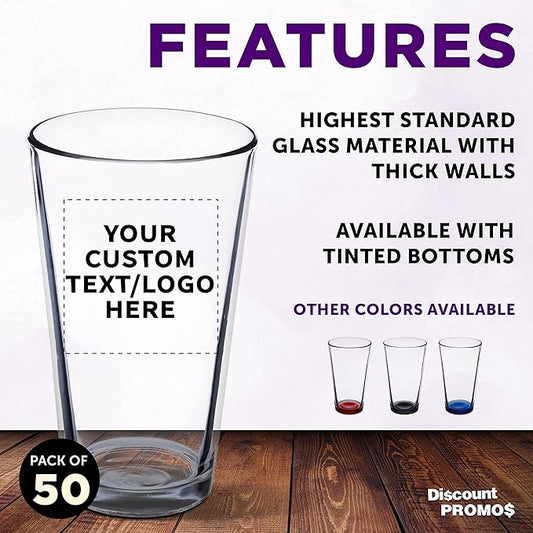 Custom Libbey Pint Glass 16 oz. Set of 50, Personalized Bulk Pack - Beer Glasses, Heavy Duty Drinkware - Clear