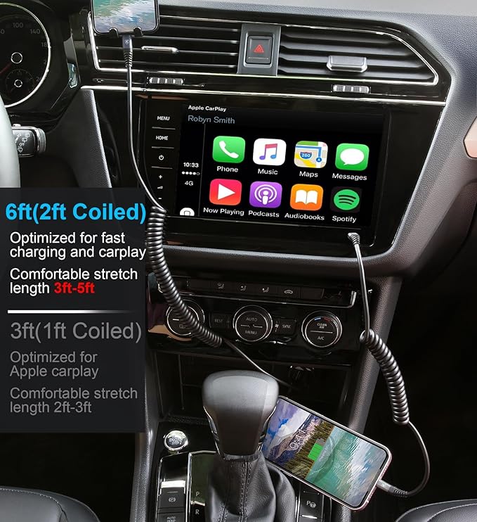 KIYODA USB Type C to Lightning Cable 6FT 2Pack, Coiled iPhone Charger Fast Charging for CarPaly Short USBC iPhone Cord for iPhone14/13/12/11 Pro Max/iPad/CarPlay-Black