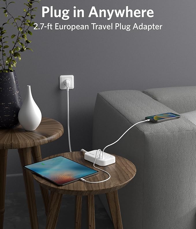 European Travel Plug Adapter - US to Europe Plug Adapter with 3 AC Outlets and 4 USB(1 PD20W) Type E/F - International Travel Adapter for USA to Germany France Iceland Spain, 2.6ft