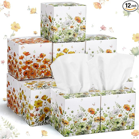 12 Pack Summer Flower Floral Facial Tissues Cube Boxes 600 Sheets 3 Ply Small Wildflower Face Tissues Bulk for Summer Car Bedroom Supplies