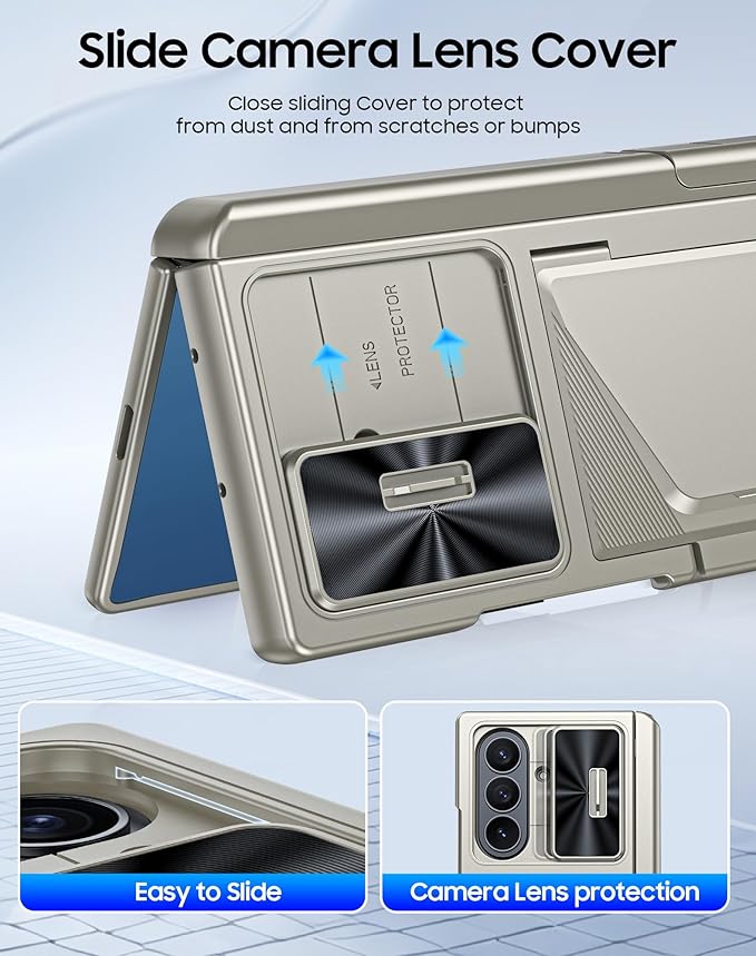 for Samsung Galaxy Z Fold 7 Case with Card Holder RFID Blocking, Built in Slide Lens Cover & Hinge Protection & Kickstand & Screen Protector, Shockproof Wallet Case for Z Fold 7 (Titanium Gold)