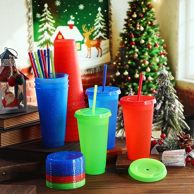 Honeydak 30 Pack Tumbler with Straw and Lid Bulk Glitter Plastic Cups Water Bottle Iced Coffee Travel Mug Reusable Party Favor Cups for Birthdays travel 24-27 oz (Primary Color)