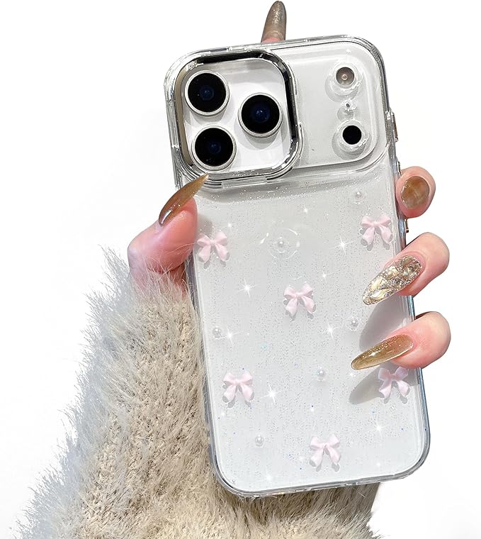 EYZUTAK Case for iPhone 17 Pro Max, Bling Glitter 3D Bowknot Phone Case Cute Sparkly Crystal Clear Bow Aesthetic Design Cover Slim Soft Durable TPU Transparent Protective Cover for Women Girl-Pink Bow
