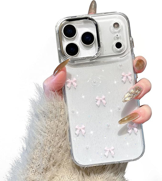 EYZUTAK Case for iPhone 17 Pro Max, Bling Glitter 3D Bowknot Phone Case Cute Sparkly Crystal Clear Bow Aesthetic Design Cover Slim Soft Durable TPU Transparent Protective Cover for Women Girl-Pink Bow