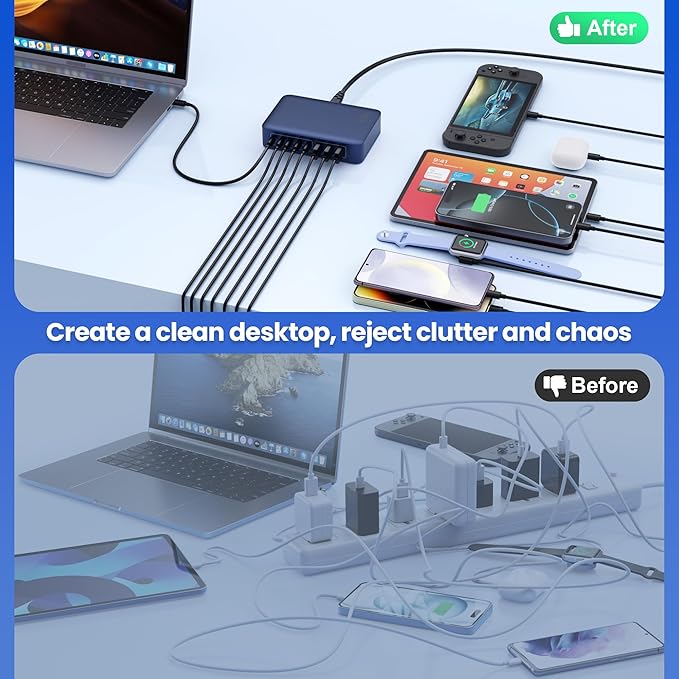 USB C Charger 415W USB C Charger Block, 8-Ports GaN IV Fast Charging Station Hub,Dual PD 100W Laptop Charger Adapter,for MacBook Pro/Air/iPad/iPhone16/15/14/13/Apple Watch/DELL/Samsung for Home(Blue)