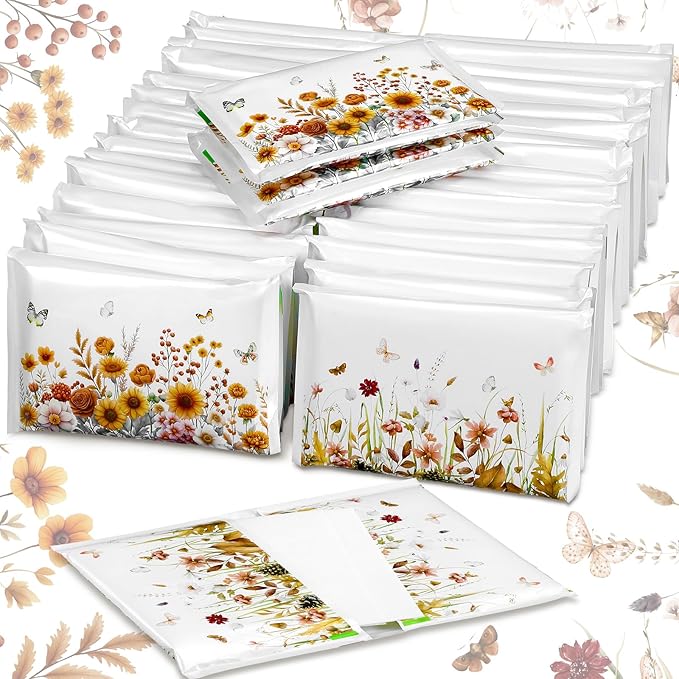 50 Pack Fall Wildflower Pocket Tissues Individual Packs Autumn Floral Pocket Facial Bulk 3 Ply Wallet Travel Toilet Tissues for Summer Thanksgiving Day Wedding Birthday Party Supplies