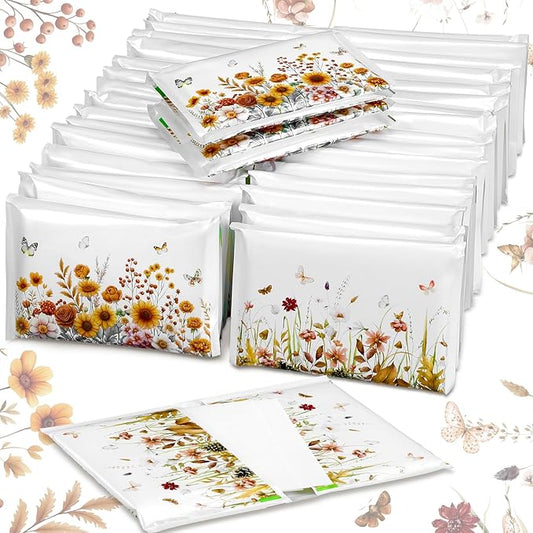 50 Pack Fall Wildflower Pocket Tissues Individual Packs Autumn Floral Pocket Facial Bulk 3 Ply Wallet Travel Toilet Tissues for Summer Thanksgiving Day Wedding Birthday Party Supplies