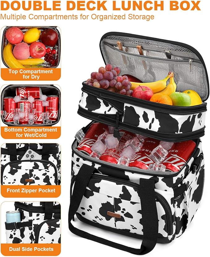 Lunch Box for Men Women Double Deck Insulated Lunch Bag for Men Woman Leakproof Expandable Cooler Bag with Adjustable Shoulder Strap for Work Picnic School(Cow Print,16L)