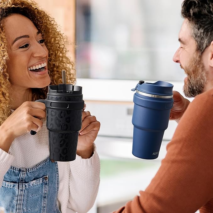 ALOUFEA 20 oz Insulated Coffee Mug Tumbler with Handle, Stainless Steel Travel Mug Tumbler with Lid and Straw,Double Wall Vacuum Leak Proof Ice Coffee Thermal Cup, Black