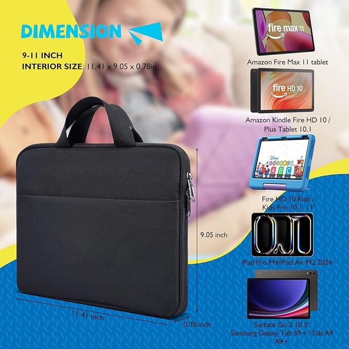 9-11 Inch Tablet Sleeve Carrying Case for New Amazon Fire Max 11/10.1" Fire HD 10 Plus Kids Pro, iPad Pro M4/Air M3 M2 11" 2025/ iPad A16 11"/Galaxy S9 S8 A9+ A8 11" 10.5" Protective Bag, Black
