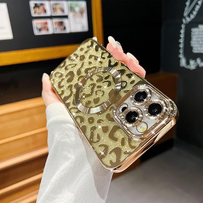 for iPhone 15 Pro Case Magnetic,Soft Cute Luxury Leopard Cheetah Pattern Plating Glitter Bling Phone Case Compatible with MagSafe Clear Shockproof Back Cover for Women Girl 6.1"-Gold