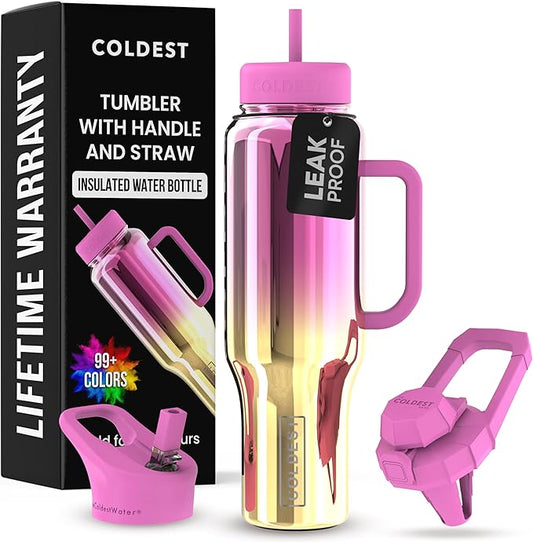 Coldest Tumbler with Handle and Straw - 100% Spill Proof Tumbler with Straw (3 Lids) - Stainless Steel Insulated Leakproof Tumblers for Women & Men - Cup Holder Friendly - 46 oz (SunTan Nova)