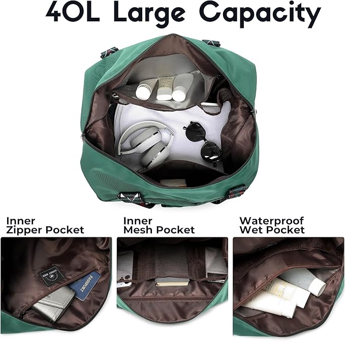 SUNNY BIRD Duffel with Utility Pouch, 40L Weekender Overnight Bag with Shoe Compartment for Travel and Sports (Greenboho)