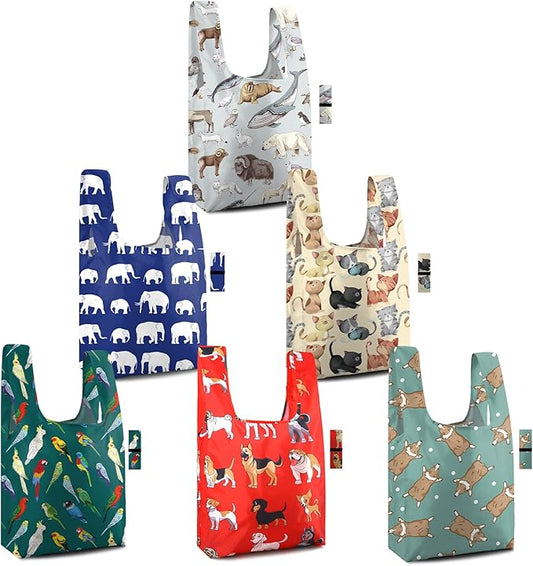 BeeGreen Reusable Grocery Bags 6 Pack - Foldable, Heavy Duty Shopping Tote Bags with Zipper Pouch, Large Capacity (50+ Lbs), Animal Prints Designs for Women & Men, Machine Washable