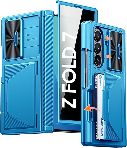 for Samsung Galaxy Z Fold 7 Case with Card Holder RFID Blocking [Privacy Screen Protector ] [Slide Lens Cover] [Hinge Protection] Shockproof Protective Phone Wallet Case for Z Fold 7 (Lake Blue)