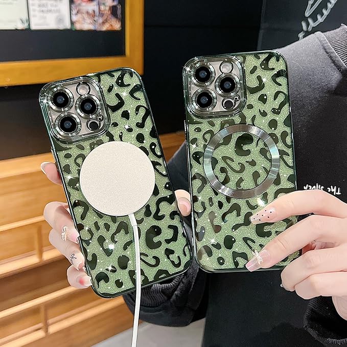 for iPhone 16 Pro Case Magnetic,Soft Cute Luxury Leopard Cheetah Pattern Plating Glitter Bling Phone Case Compatible with MagSafe Clear Shockproof Back Cover for Women Girl 6.3"-Green