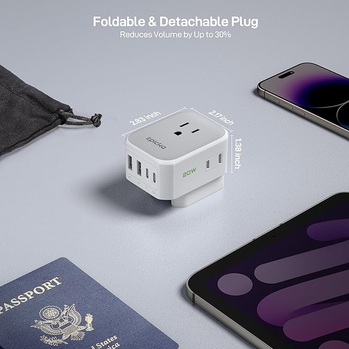 EPICKA Hybrid European Travel Plug Adapter, Foldable & Detachable Type C (EU) VisaPlug, 8-IN-1 International Power Adapter with 4 USB Ports (2 USB-C PD 20W) - Travel Essentials for US to Europe, White