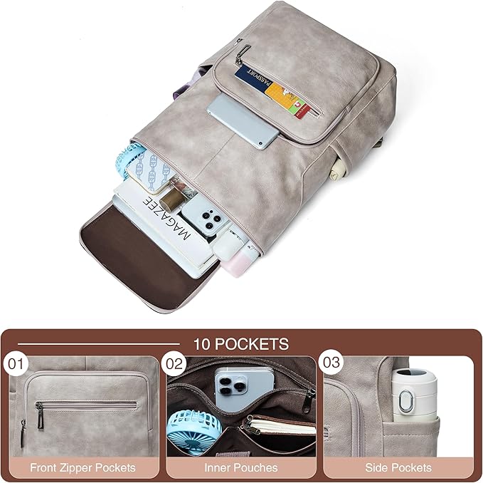 Leather Laptop Backpack for Women, 15.6 Inch Travel Backpack with Laptop Compartment, Casual Daypack Fashion Travel Backpack Purse for Travel College Work, Grey