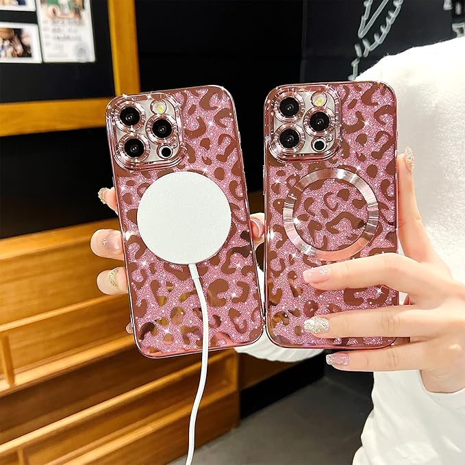 for iPhone 14 Pro Case Magnetic,Soft Cute Luxury Leopard Cheetah Pattern Plating Glitter Bling Phone Case Compatible with MagSafe Clear Shockproof Back Cover for Women Girl 6.1"-Pink