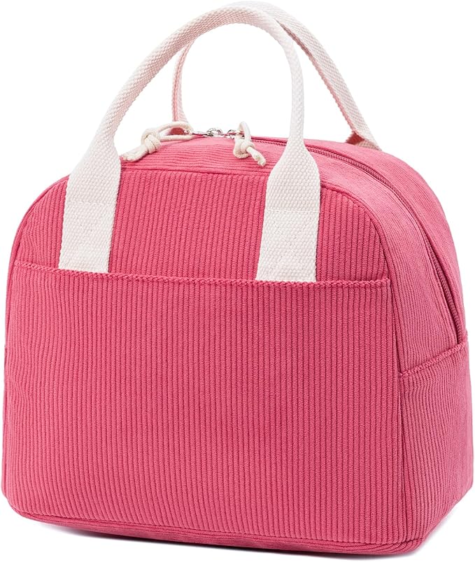Insulated Lunch Bag for Women Men, Stylish Corduroy Tote Bag with Aluminum Lining, Large Capacity Reusable Cooler for Work, Travel, or Beach, Raspberry Pink Lunch Box