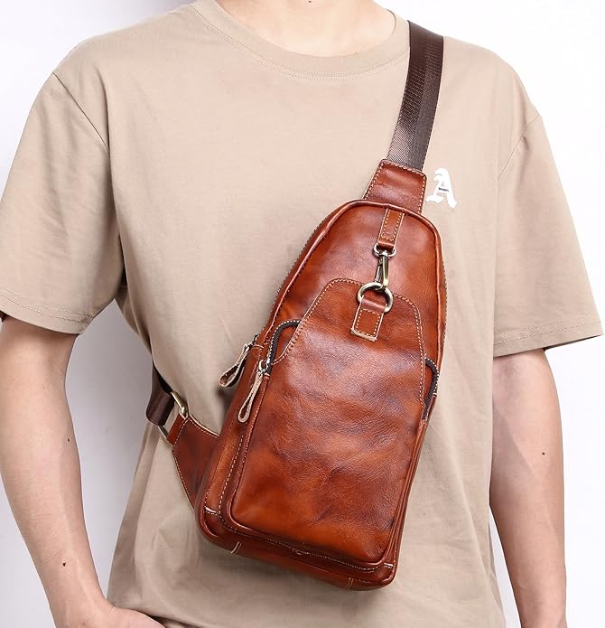 Genuine Leather Sling Bag for Men Women Backpack Chest Shoulder Satchel Crossbody Bags Casual Outdoor Daypack
