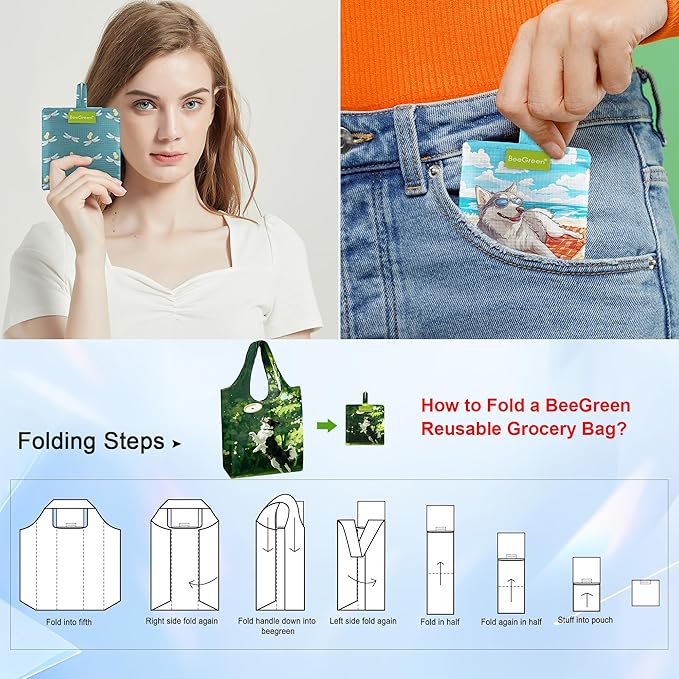 BeeGreen Butterfly Reusable Grocery Bags 6 Pack, Heavy Duty Totes for Women, Foldable Grocery Bag Large Shopping Totes with Handles for Work, Travel, Gift, Store, Polyester Washable Reusable Tote Bag