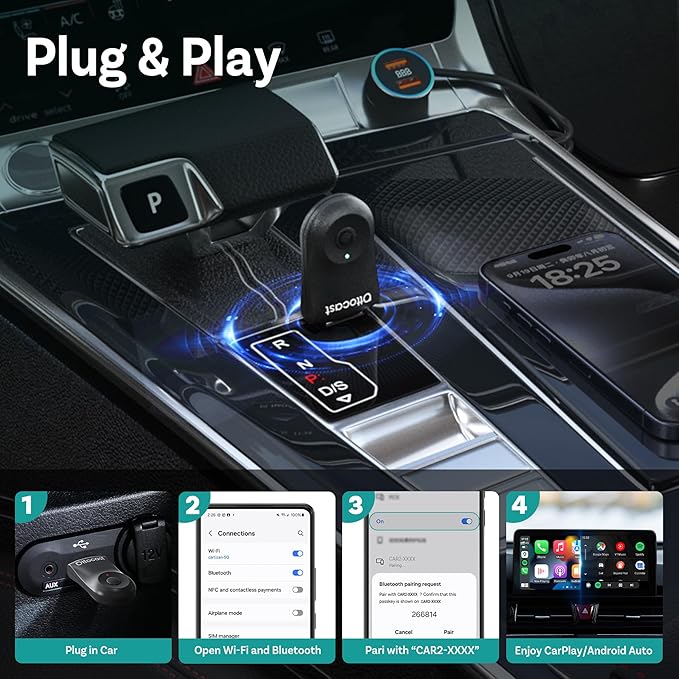 OTTOCAST Mini 2025 Wireless CarPlay & Android Auto 2-in-1 Adapter, Fast Stable Connection, Plug & Play for iPhone & Android Devices (Black)