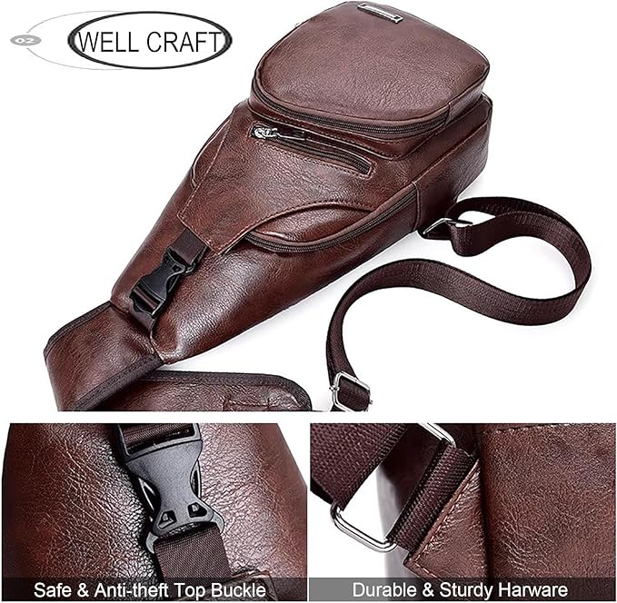 Peicees Leather Sling Bag Mens Crossbody Bag Chest Bag Sling Backpack for Men with USB Charge Port