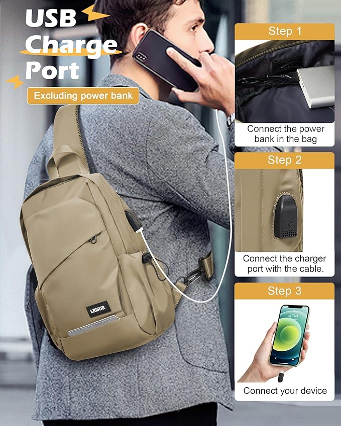 Khaki Sling Bag for Men women, Small Anti Theft One Strap Motorcycle Backpack, Mini Sling Tactical Chest Bag Daypack Crossbody Sling Backpacks for Casual Travel Hiking Gym Outdoor Sports