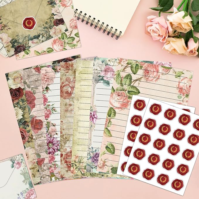 160 Pcs Stationery Paper Envelopes Set Includes 50 Lined Writing Paper & 50 Envelopes with 60 Colorful Round Dot Stickers, Vintage Floral Letter Writing and Stationery Paper Envelopes(10Style)
