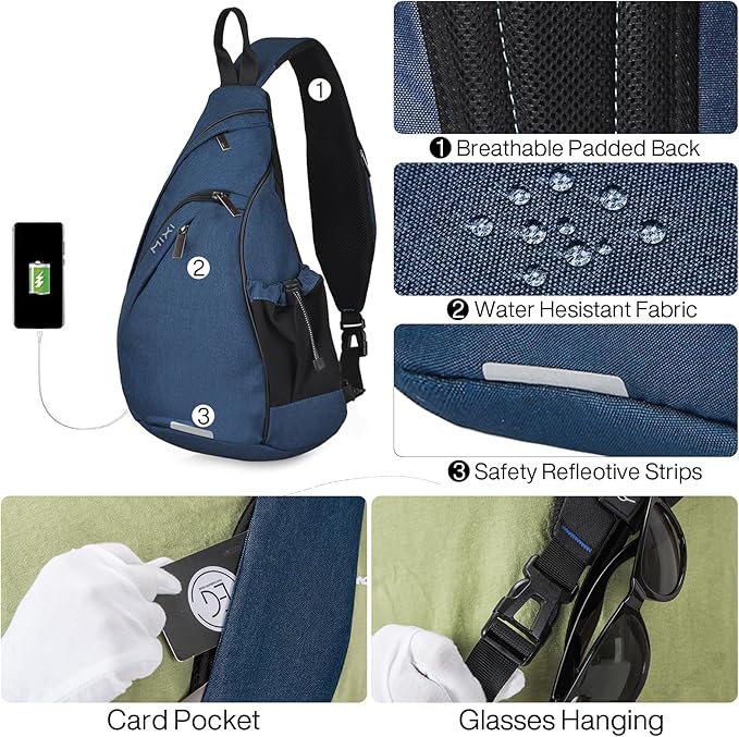 mixi Sling Bag Men Backpack Unisex One Shoulder Bag Hiking Travel Backpack Crossbody with USB Port for Men Women Versatile Casual Daypack-17 inch,Dark Blue