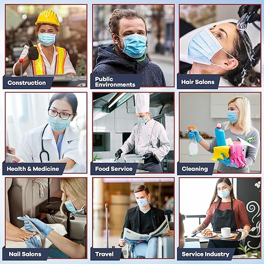 200 Pack Blue Disposable Face Masks - Level 3 | Bulk 3 Ply Facemask Pack - Soft Breathable Latex Free Non-Woven Dust Mask with Flexible Nose Bridge & Stretchy Ear Loops (4 Packs x 50)