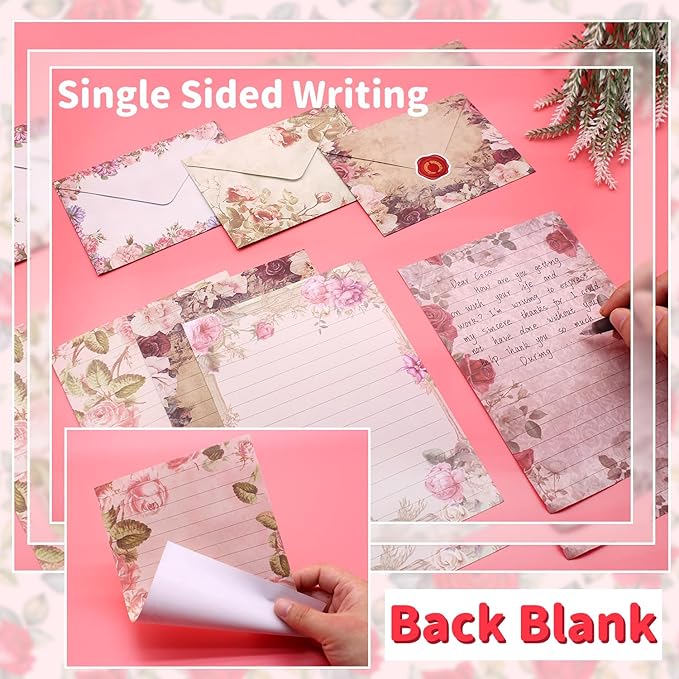 160 Pcs Stationery Paper Set Including 50 Matching Envelopes 50 One Sided Stationery Writing Papers 60 Round Dot Sticker for School Office Supplies,10 Design, 5.5 x 8.25 Inch(Vintage Floral)