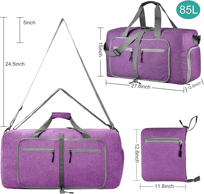 Dimayar 85L Travel Duffle Bag for Men Women - Foldable Duffel Bag with Shoes Compartment - Overnight Bags Waterproof & Tear Resistant(Purple)