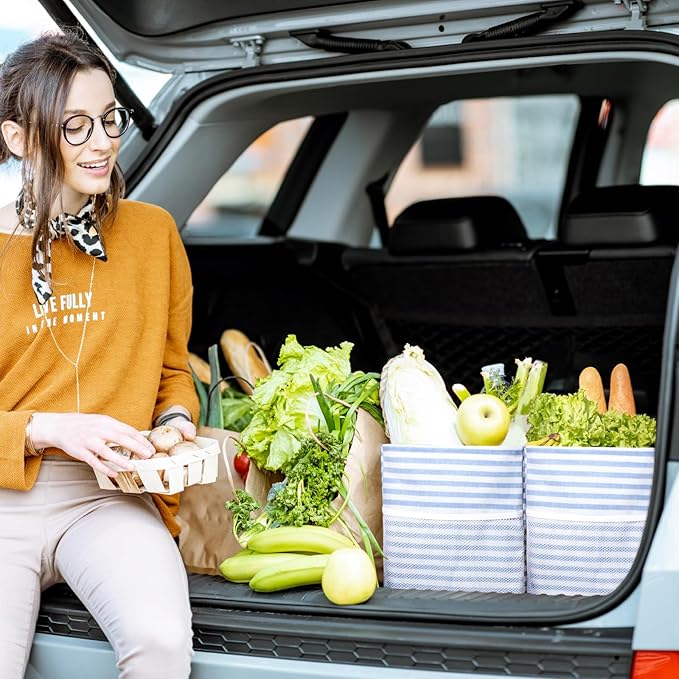 Lifewit Extra Large Tote Bag, Reusable Grocery Bags with Metal Wire Frame and Handles, Standing Utility Foldable Shopping Bags for Storage, Picnics, Beach, Pool, Laundry, Car 2 Packs 46L Gray and Blue