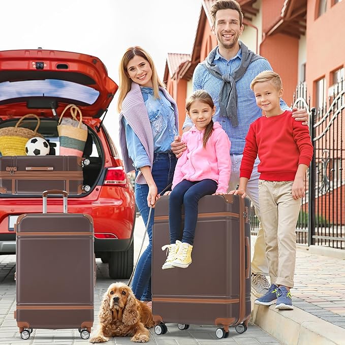 Merax Luggage Set 3 Piece Suitcase Set with Cosmetic Case Expandable Spinner Wheels Vintage Luggage Sets(Brown,20"+24"+28")