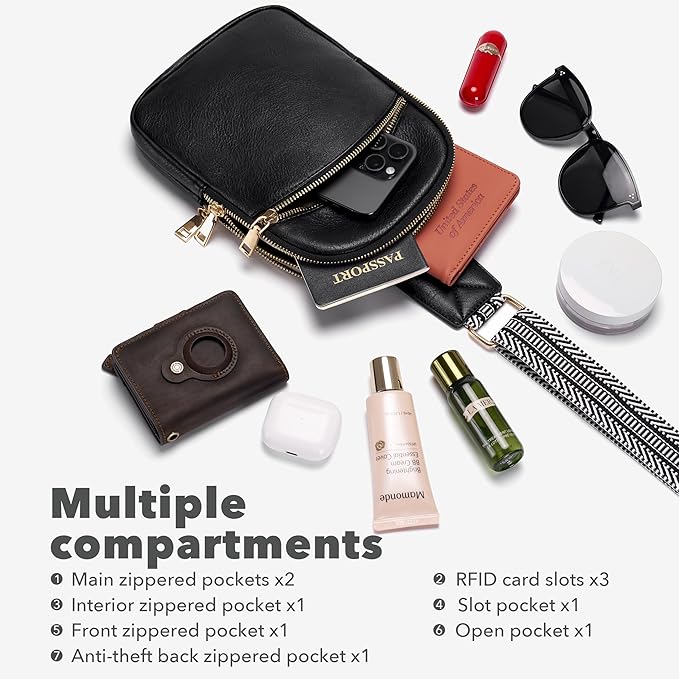 Yarnic Small Sling Bag for Women Men, Anti Theft RFID Cross body Purses,Vegan Pu Leather Chest Bag with Adjustable Strap for Travel Work (Black)