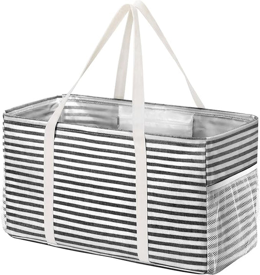 Lifewit Extra Large Tote Bag, Reusable Grocery Bags with Metal Wire Frame and Handles, Standing Utility Foldable Shopping Bags for Storage, Picnics, Beach, Pool, Laundry, Car, Camping, 1 Pack, Black