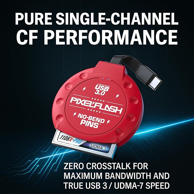 PixelFlash CF Card Reader USB C (Red) - Compact Flash Memory Card Reader with Cabled Type-C USB 3.1, 5GB/s File Transfer, No-Bend Pins Technology, Supports UDMA-7, Anti-Slip & Anti-Scratch Exterior