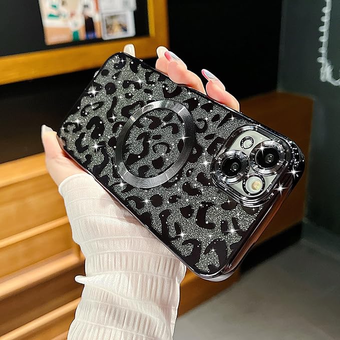 for iPhone 15 Plus Case Magnetic,Soft Cute Luxury Leopard Cheetah Pattern Plating Glitter Bling Phone Case Compatible with MagSafe Clear Shockproof Back Cover for Women Girl 6.7"-Black