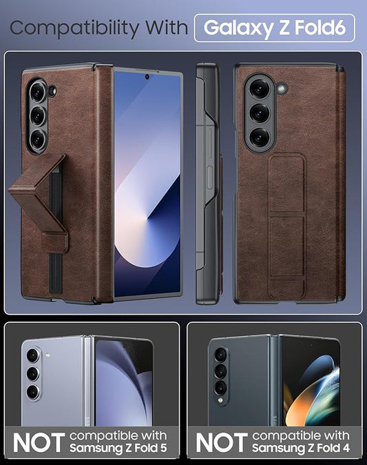 for Samsung Galaxy Z Fold 6 Case with Hand Strap & Kickstand & Hinge Protection, Ultra Slim Skin Feel Pattern Printing Full Body Shockproof Phone Case for Z Fold 6, No Screen Protector (Vintage Brown)